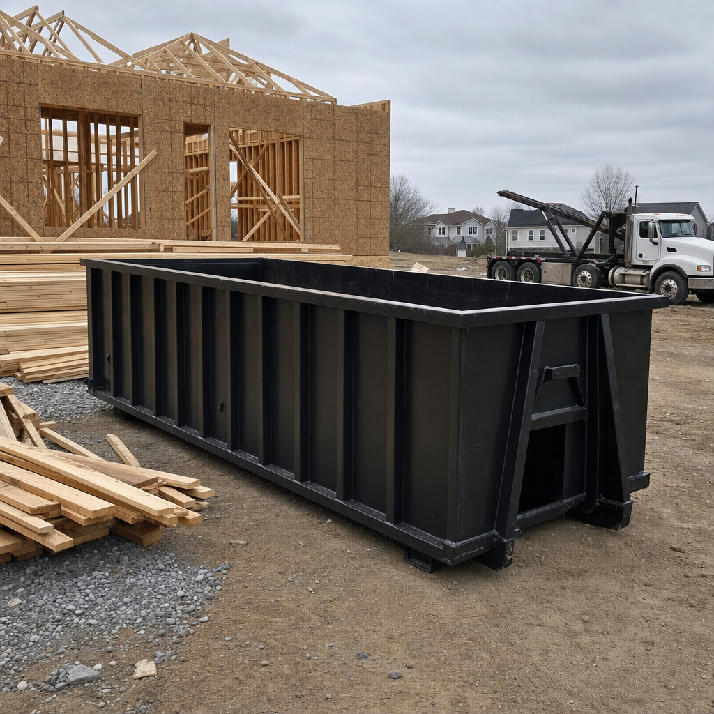 Matte-black 40-yard roll-off dumpster staged on a framed-out residential construction site in Mesa, framing lumber stacked nearby, hooklift delivery truck visible in the background under bright Colorado daylight