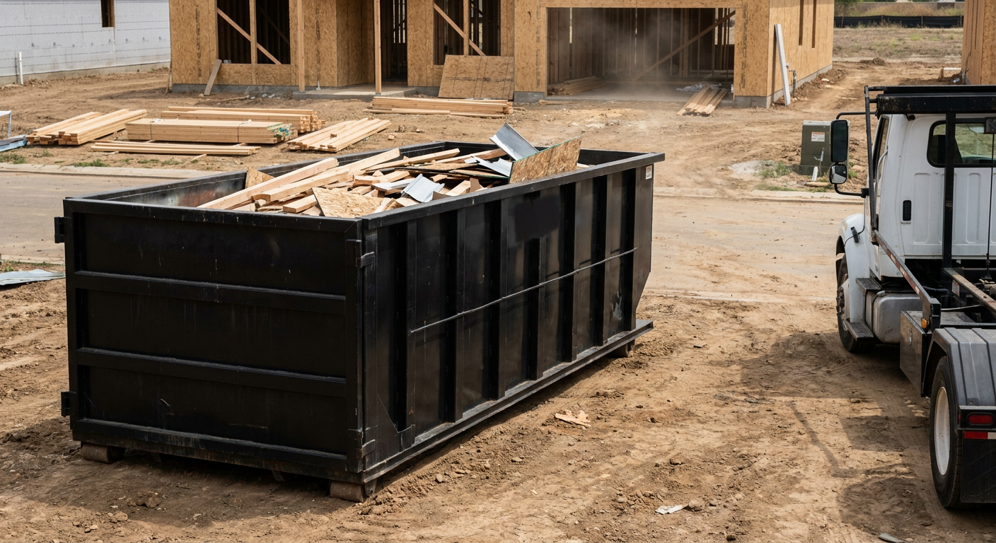 Matte-black 20-yard roll-off construction dumpster with heavy ribbed steel sidewalls and swing rear doors at a working jobsite in Mesa, sitting directly on compacted dirt with an unmarked white hauler partially visible at the far edge of the frame.