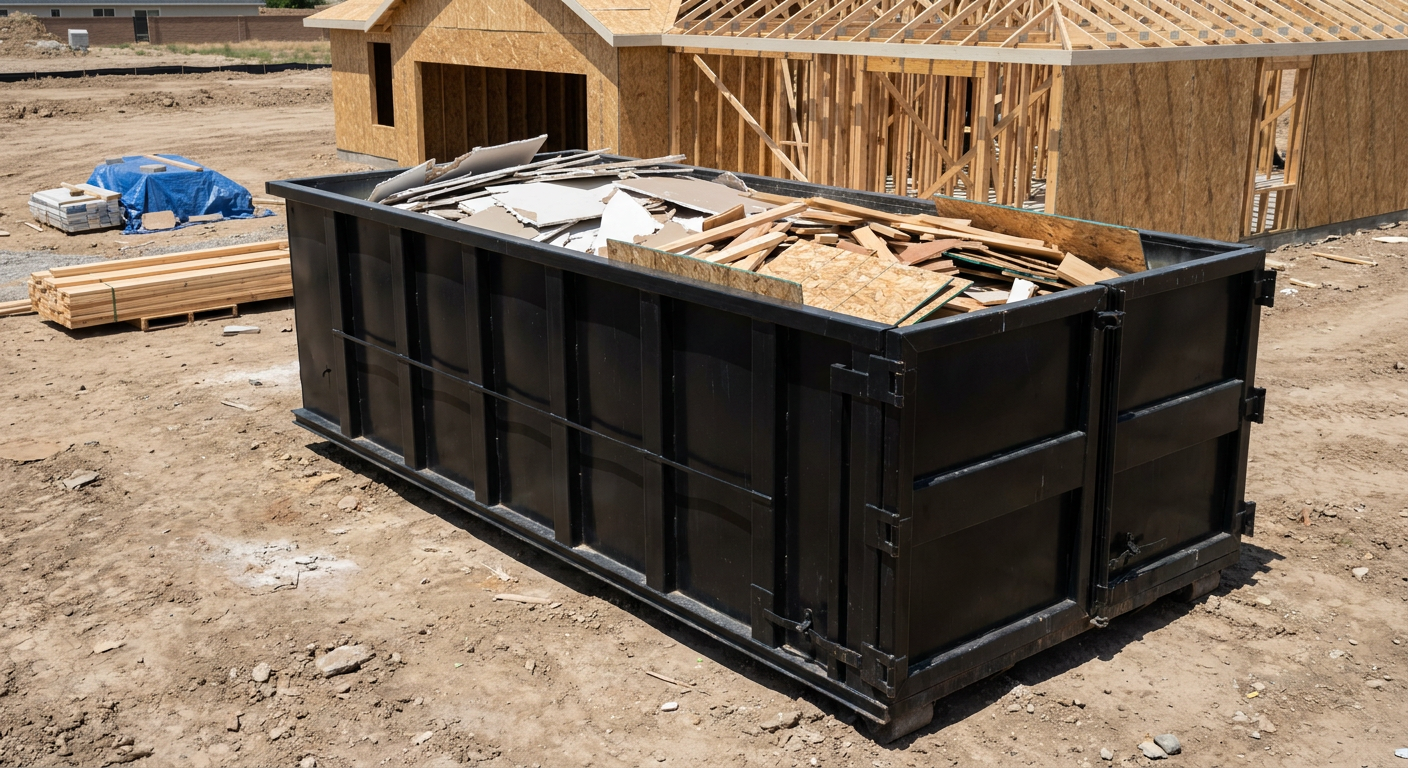 Matte-black 30-yard roll-off construction dumpster sitting directly on the compacted-dirt site of a framed single-family home build in Mesa, drywall and lumber scrap loaded inside.