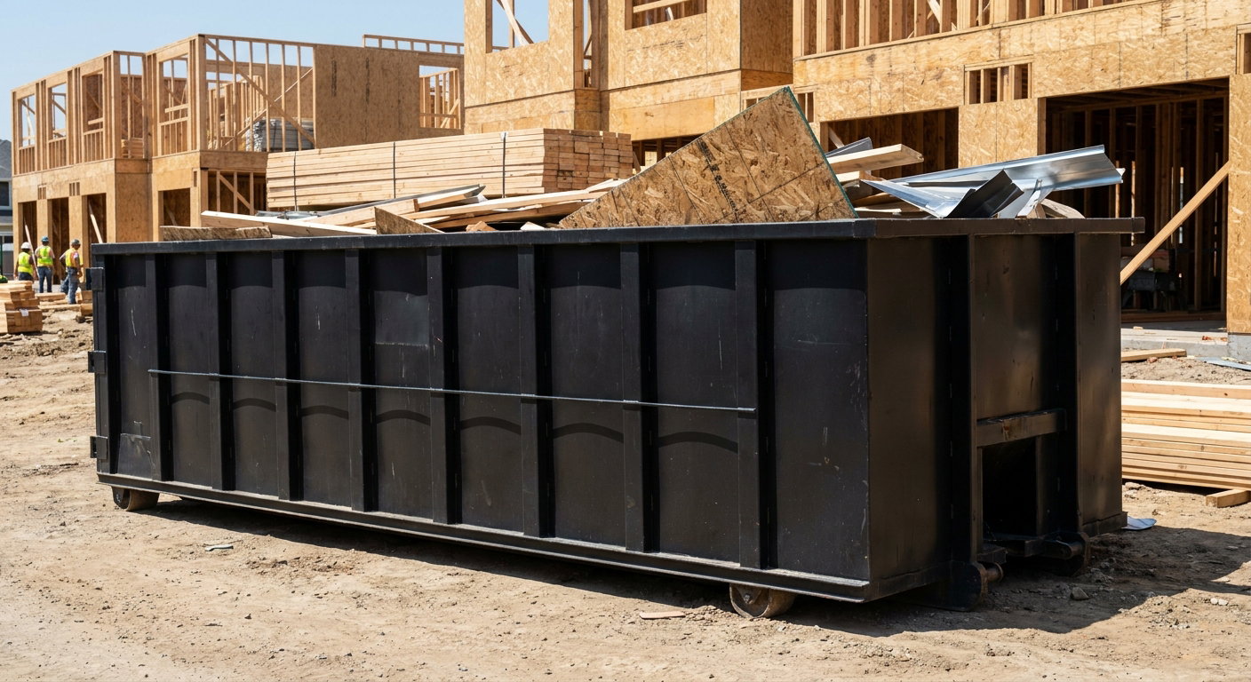 Matte-black 40-yard roll-off construction dumpster being lowered from a white-cab hooklift delivery truck onto the compacted-dirt jobsite at a commercial build site in Mesa