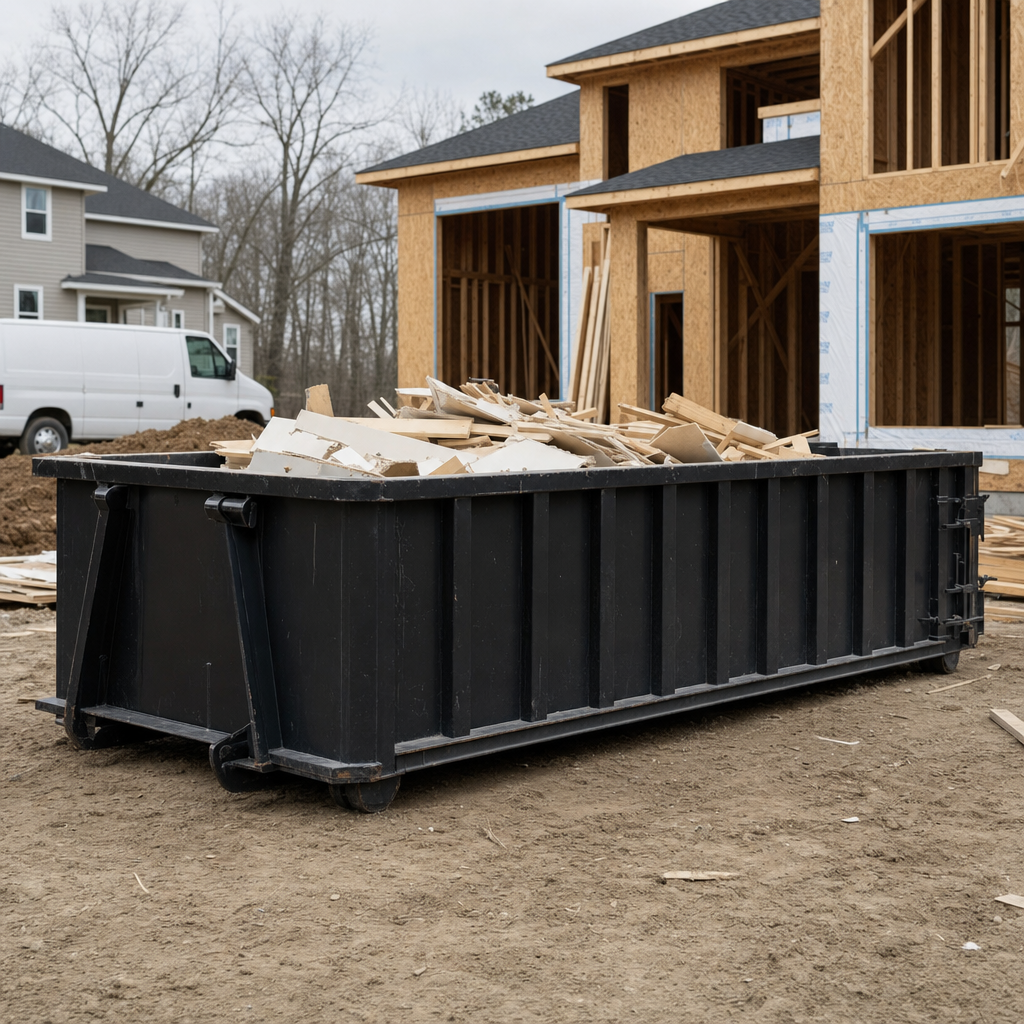 Worker in a yellow high-visibility vest tossing framing lumber and broken drywall into a matte-black 30-yard construction roll-off dumpster on an active build site in Mesa, bright daylight