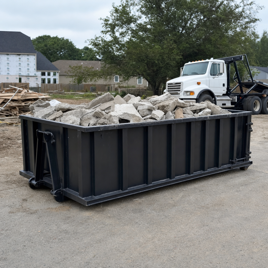 Low-profile matte-black lowboy roll-off dumpster loaded with broken concrete slab and rebar at a foundation tear-out in Mesa, skid steer parked beside it, sunny Colorado morning