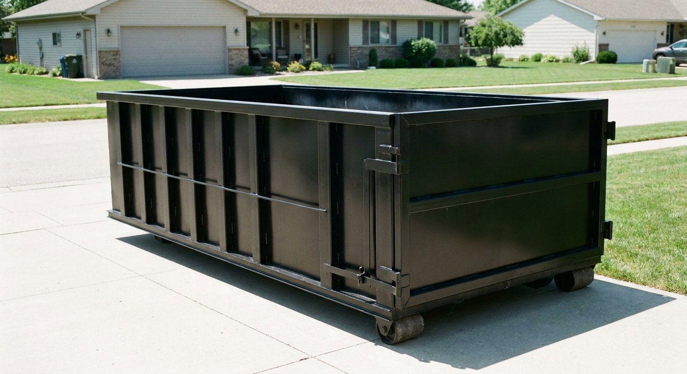 Matte-black 10-yard roll-off dumpster on a residential concrete driveway in Mesa, uniformly painted matte black across every panel and rail, ribbed steel sidewalls and rear swing door visible, mid-day daylight.
