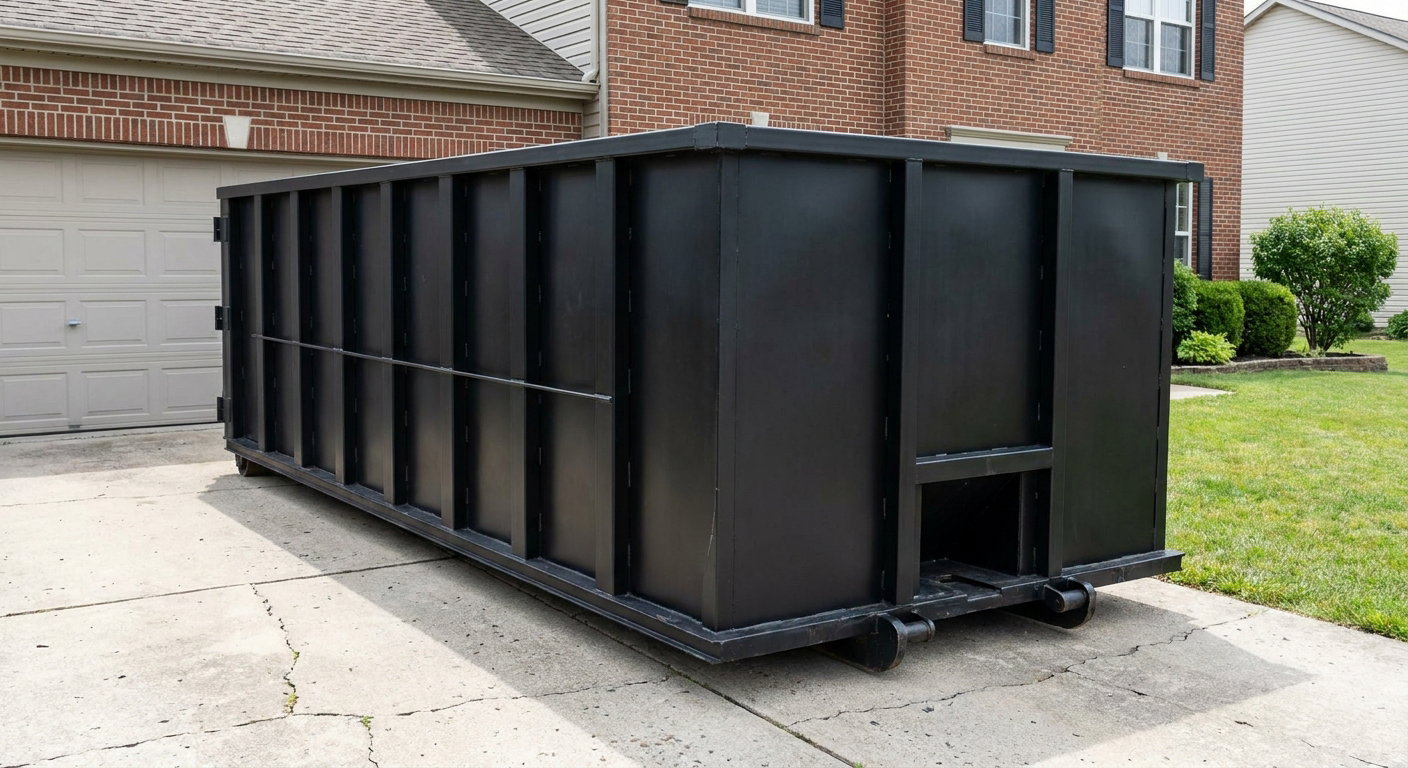 Matte-black 20-yard roll-off container on a Mesa residential concrete driveway with reinforced ribbed steel sidewalls and a hinged rear walk-in door, clean bright daylight.