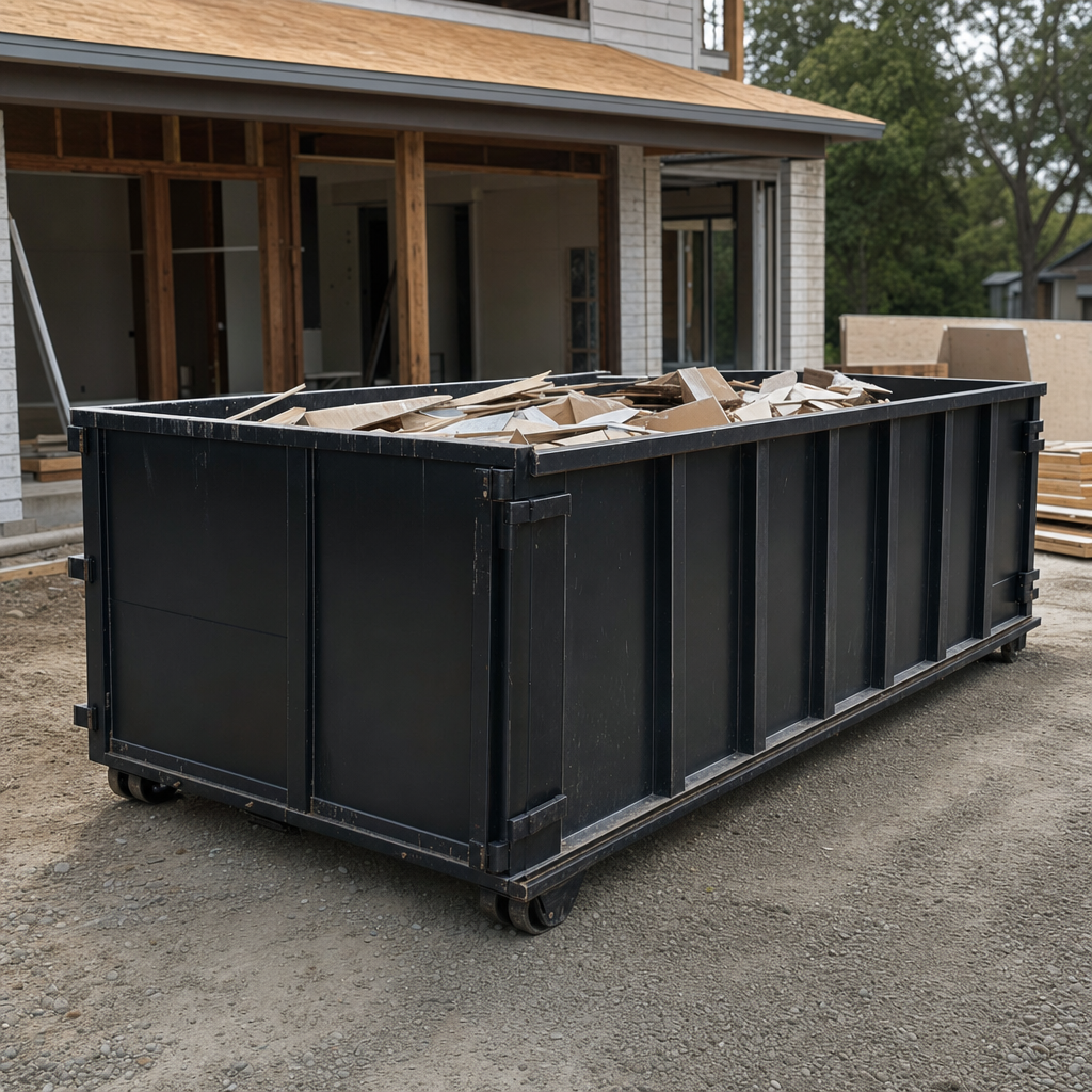 Large matte-black 30-yard construction roll-off dumpster at an active Mesa jobsite, steel-gray top rails and bottom rollers visible, loaded with construction debris.