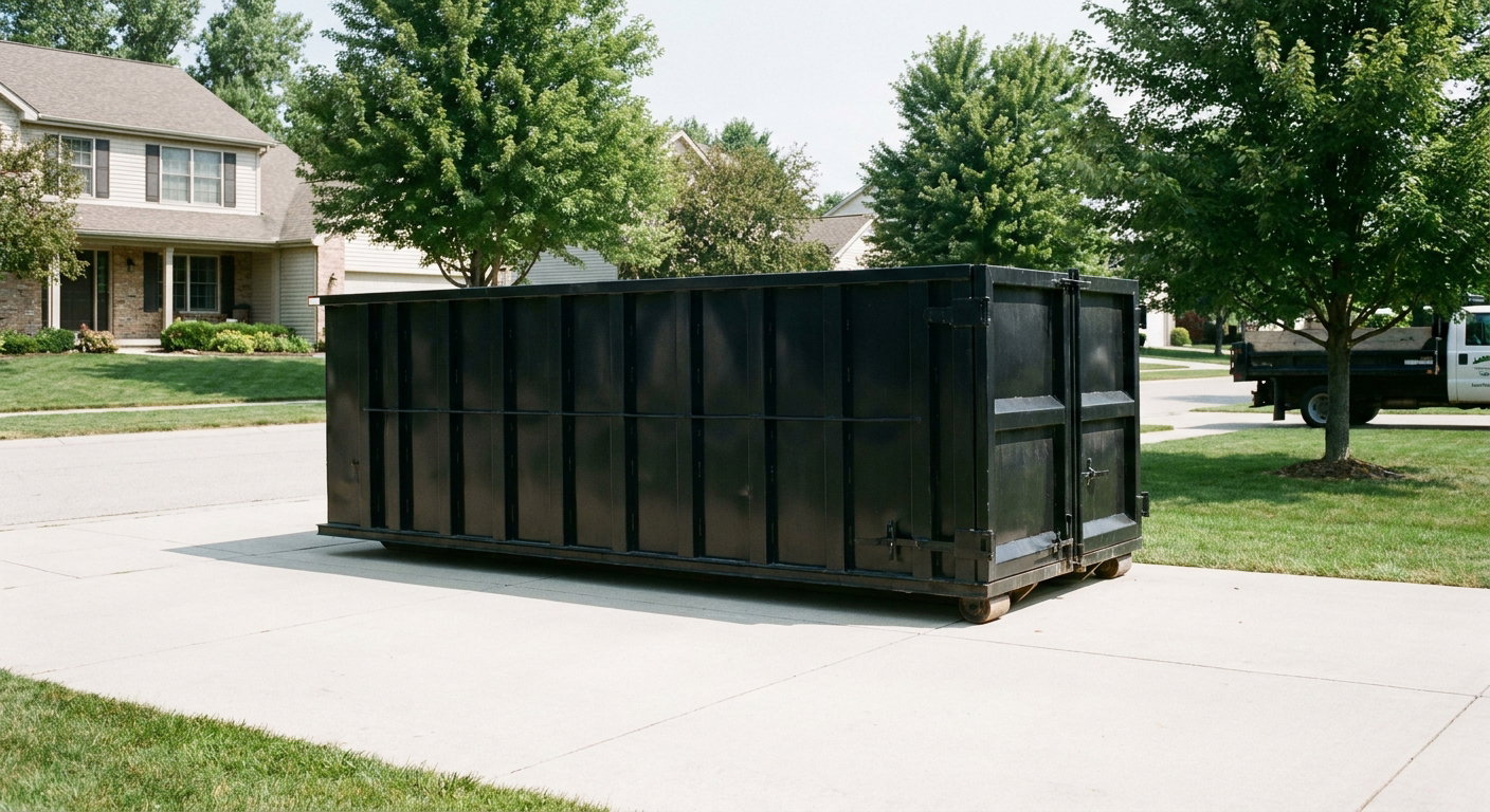 Matte-black 20-yard roll-off dumpster sitting level on a clean Mesa residential concrete driveway under bright daylight, demonstrating clean placement directly on the concrete.
