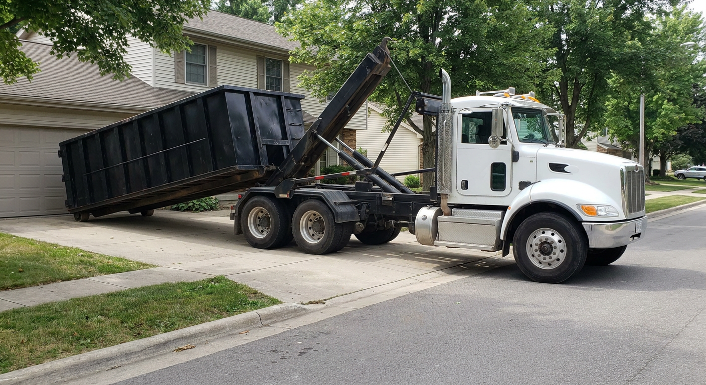 White-cab hooklift roll-off truck actively lowering a matte-black dumpster onto a Mesa residential concrete driveway, the dumpster's rear wheels touching the driveway as the hoist arm tilts the bed forward, mid-morning daylight.