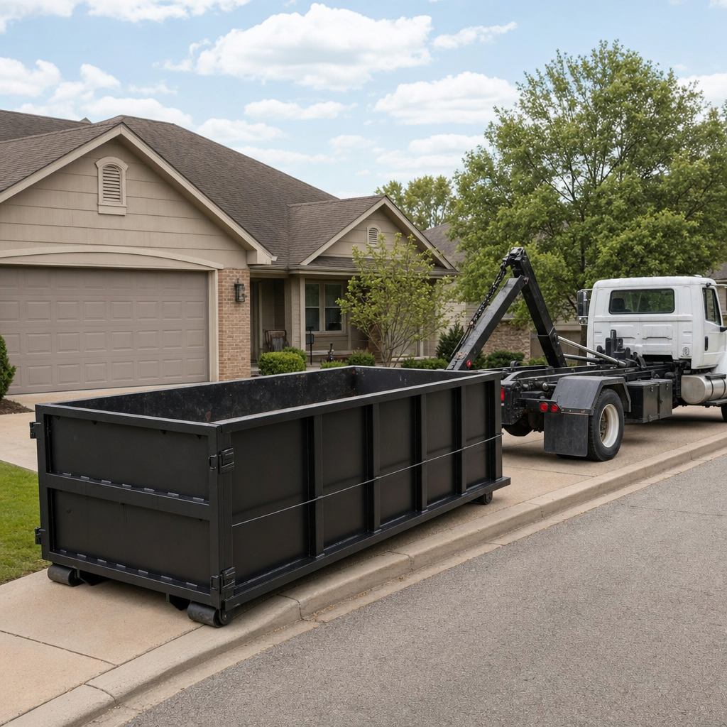 Wide documentary shot of a matte-black roll-off dumpster on a Mesa residential driveway in the foreground and a contractor jobsite container in the soft-focus background, bright daylight, calm and orderly composition.