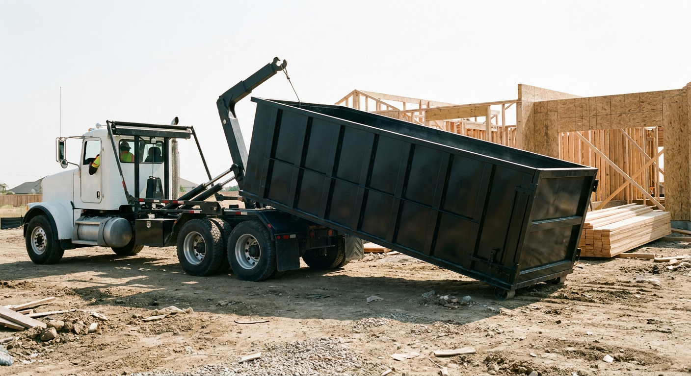 Matte-black roll-off dumpster being delivered onto a clean residential concrete driveway in Mesa by an unmarked white hooklift hauler truck, bright morning daylight, documentary 35mm perspective.