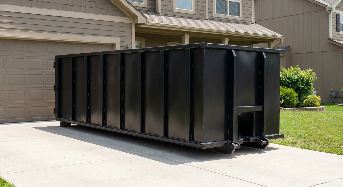 Matte-black residential roll-off dumpster sitting directly on a suburban Mesa concrete driveway, garage door closed, single-family home in background, bright morning daylight.