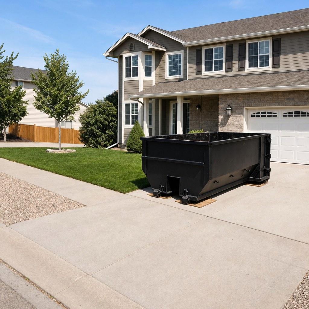 10-yard matte-black residential dumpster placed directly on a narrow Mesa concrete driveway, room remains for a parked sedan beside it, mid-morning natural light