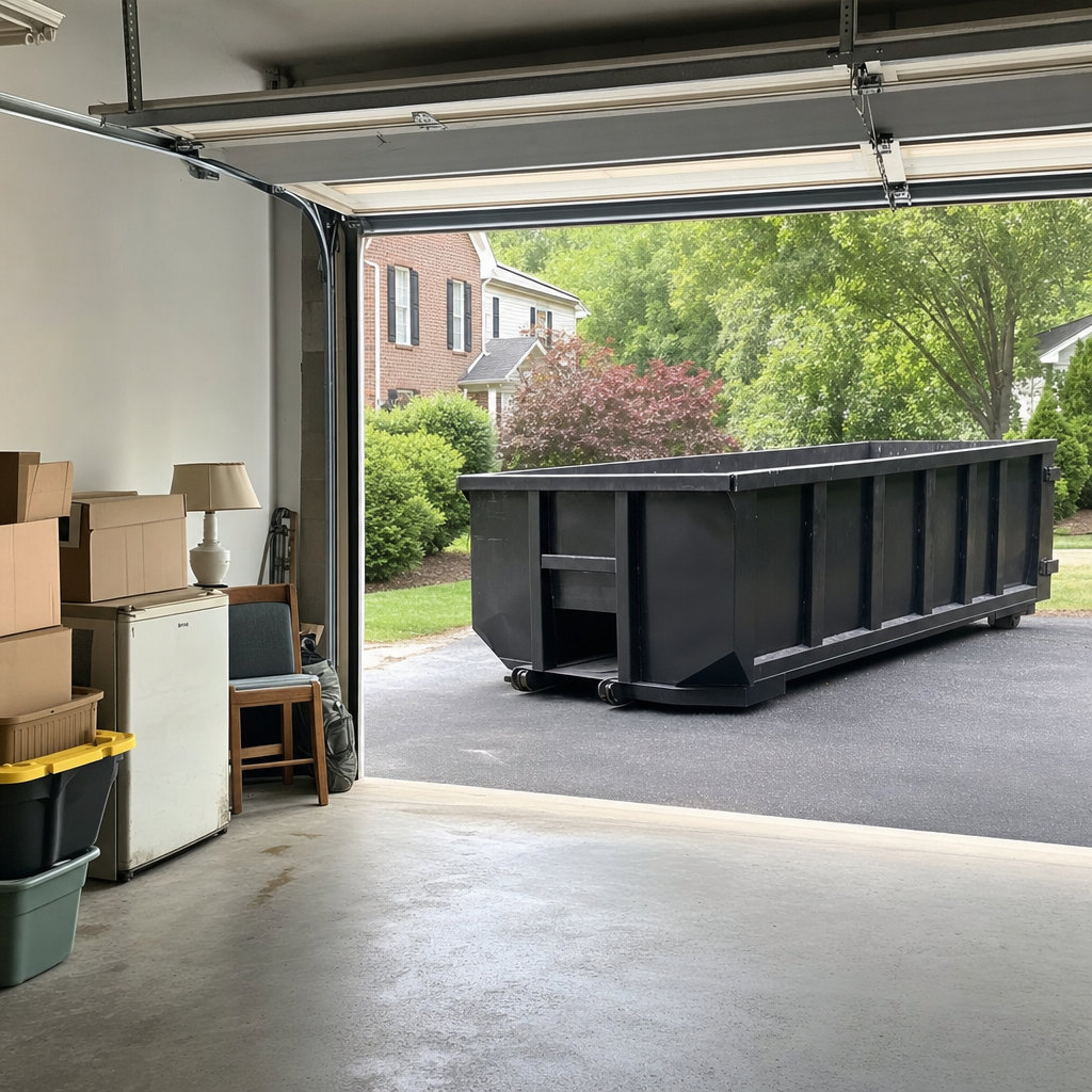 Open garage interior in a Mesa home mid-cleanout — boxed items, an old appliance, and stacked yard tools queued near the driveway for a matte-black roll-off dumpster, organized and calm