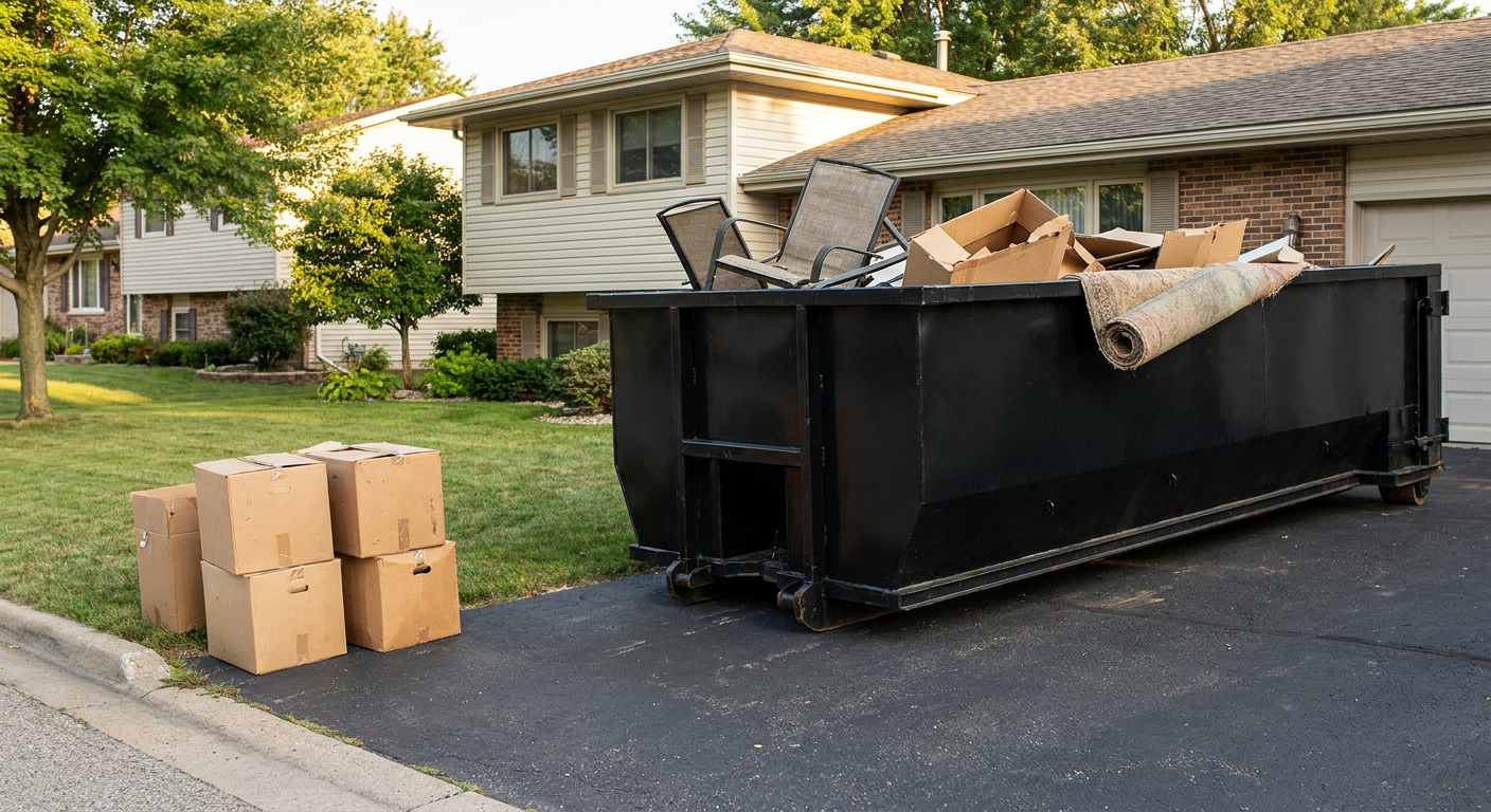 Front-yard view of a Mesa split-level home with a 20-yard matte-black roll-off dumpster sitting directly on the asphalt driveway, a few clearly labeled donation boxes staged at the curb, calm sunny afternoon.