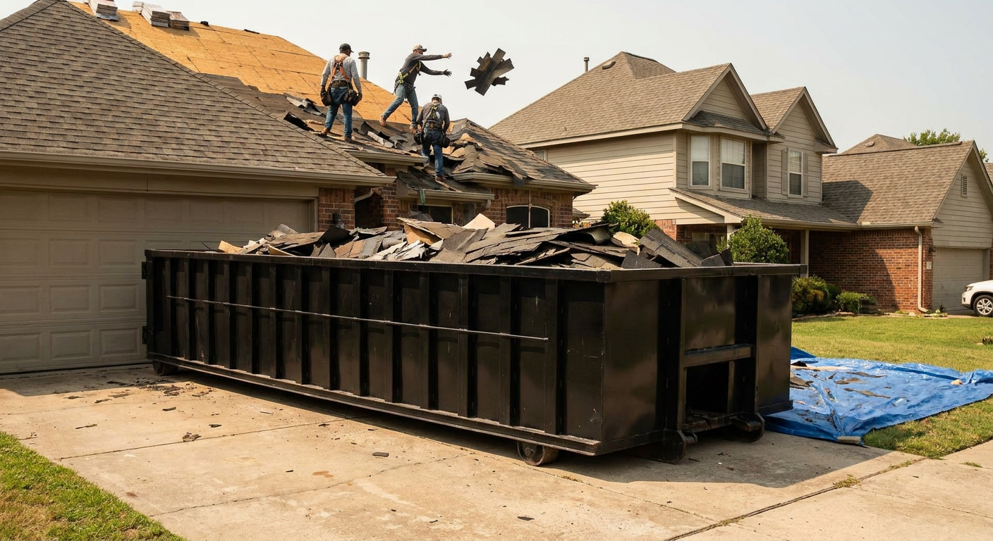 Matte-black roofing roll-off dumpster placed directly on a Mesa residential concrete driveway, a tear-off crew on a two-story asphalt-shingle roof tossing shingle bundles into the low-walled container, bright daylight, documentary 35mm perspective.