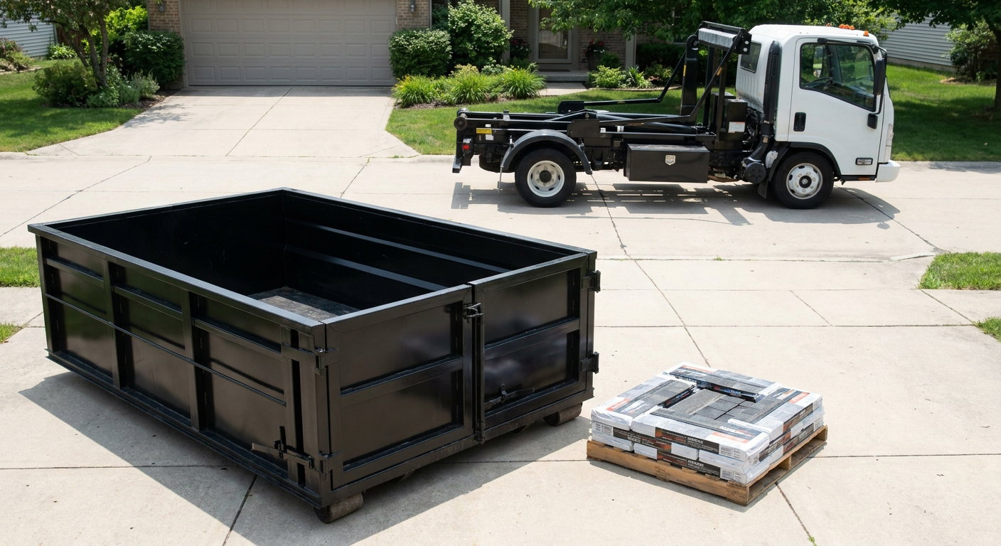Matte-black 15-yard roofing roll-off dumpster with reinforced low side walls sitting directly on a Mesa residential concrete driveway, three-tab asphalt shingle bundles stacked nearby, an unmarked white hauler truck partially visible at the edge of the frame.