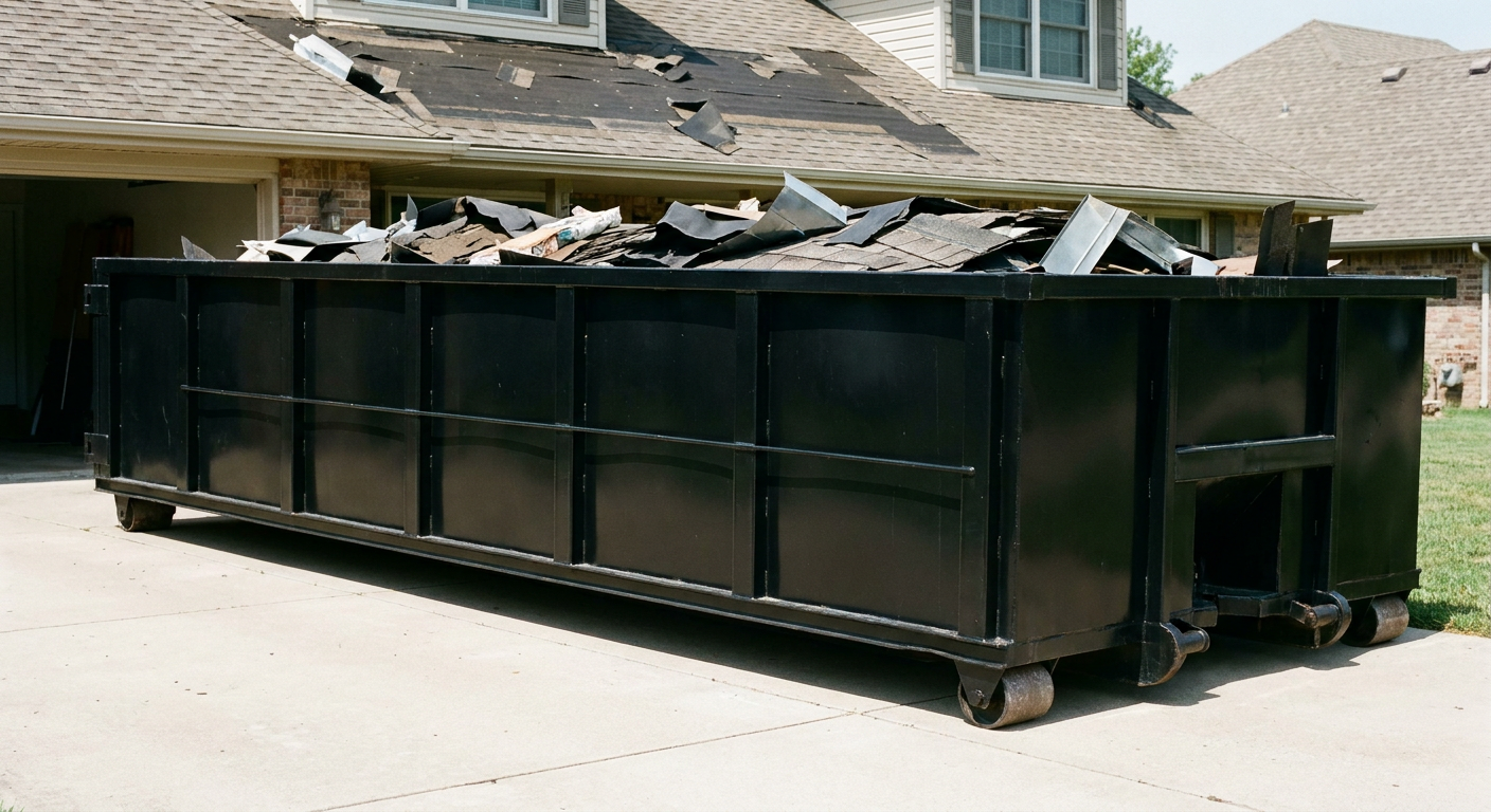 Matte-black 20-yard roofing roll-off dumpster with steel ribbed sides and swinging rear door, sitting directly on the concrete driveway of a two-story Mesa home, asphalt shingle debris being loaded over the low wall, clean documentary lighting.