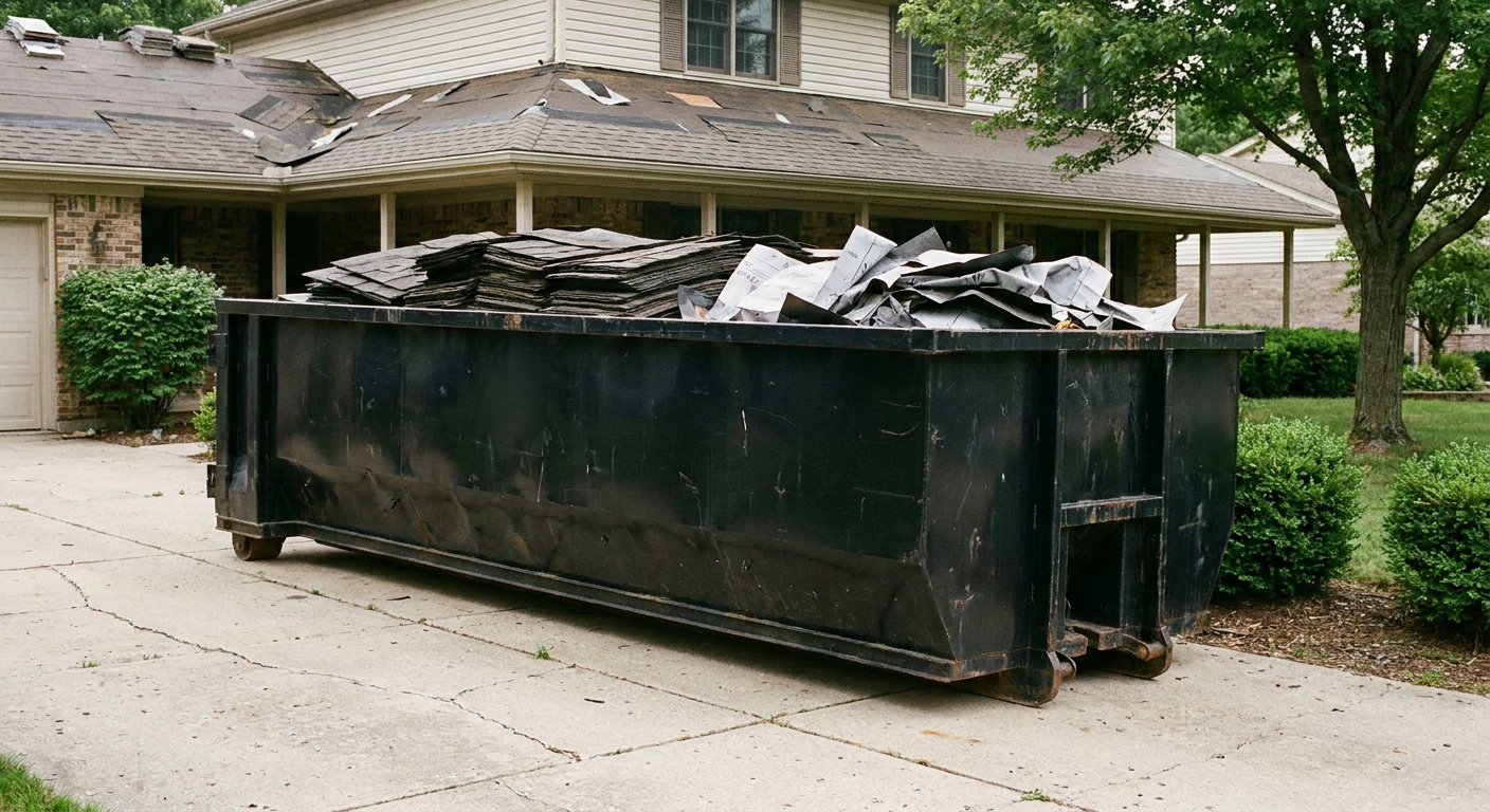 Matte-black 30-yard roofing roll-off dumpster sitting directly on a Mesa concrete driveway, taller ribbed steel side panels, mixed tear-off debris of asphalt shingles and underlayment inside, professional documentary daylight.