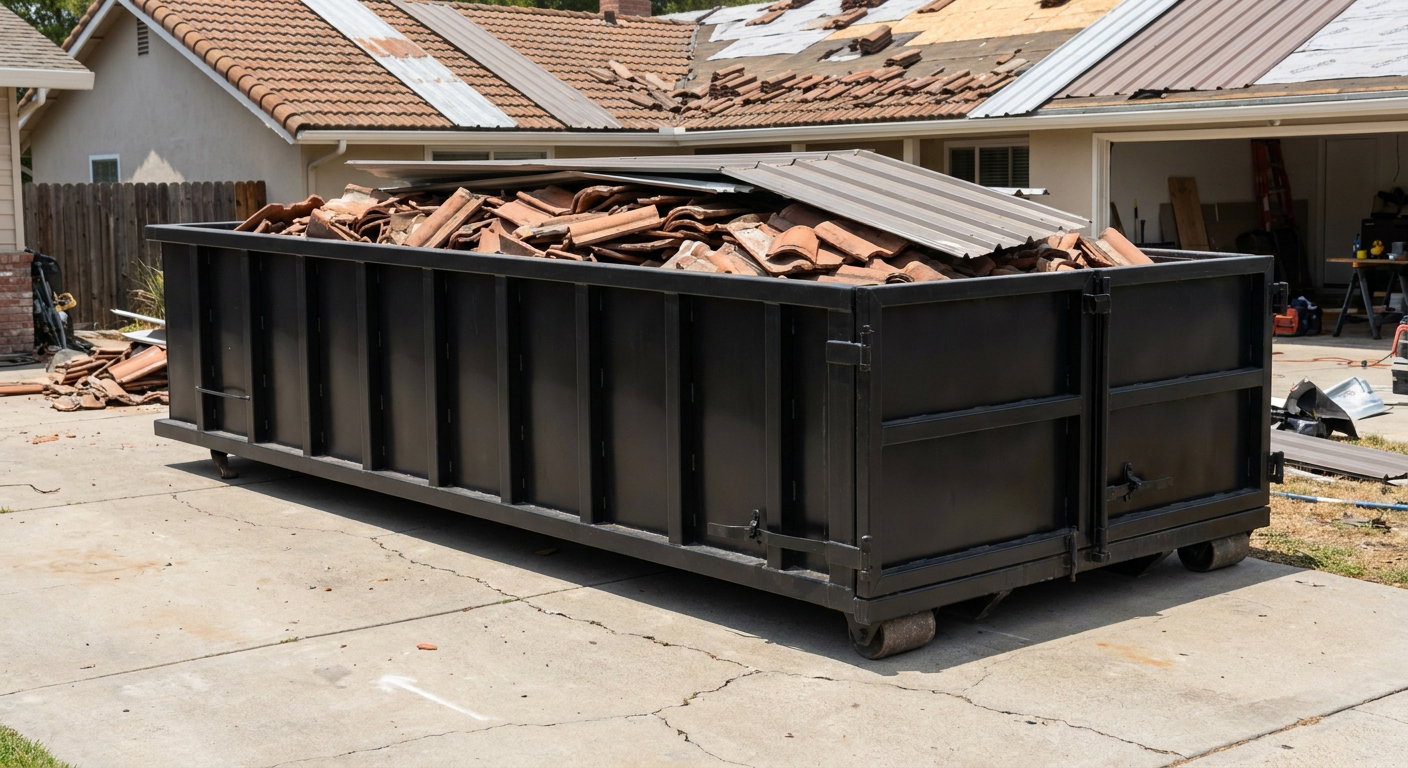 Matte-black low-wall heavy-debris roofing roll-off dumpster sitting directly on a Mesa concrete driveway, broken concrete clay roof tiles and metal panel sections loaded inside, reinforced ribbed steel side walls visible, bright outdoor daylight.