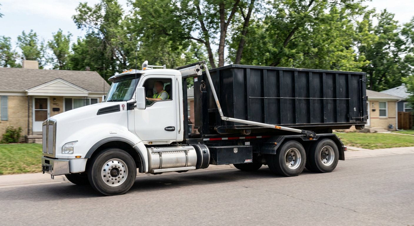 A wide documentary shot of a matte-black roll-off delivery truck pulling onto a quiet Mesa residential street at mid-morning, with neighborhood rooftops and tree-lined blocks visible behind, showing the metro coverage footprint.