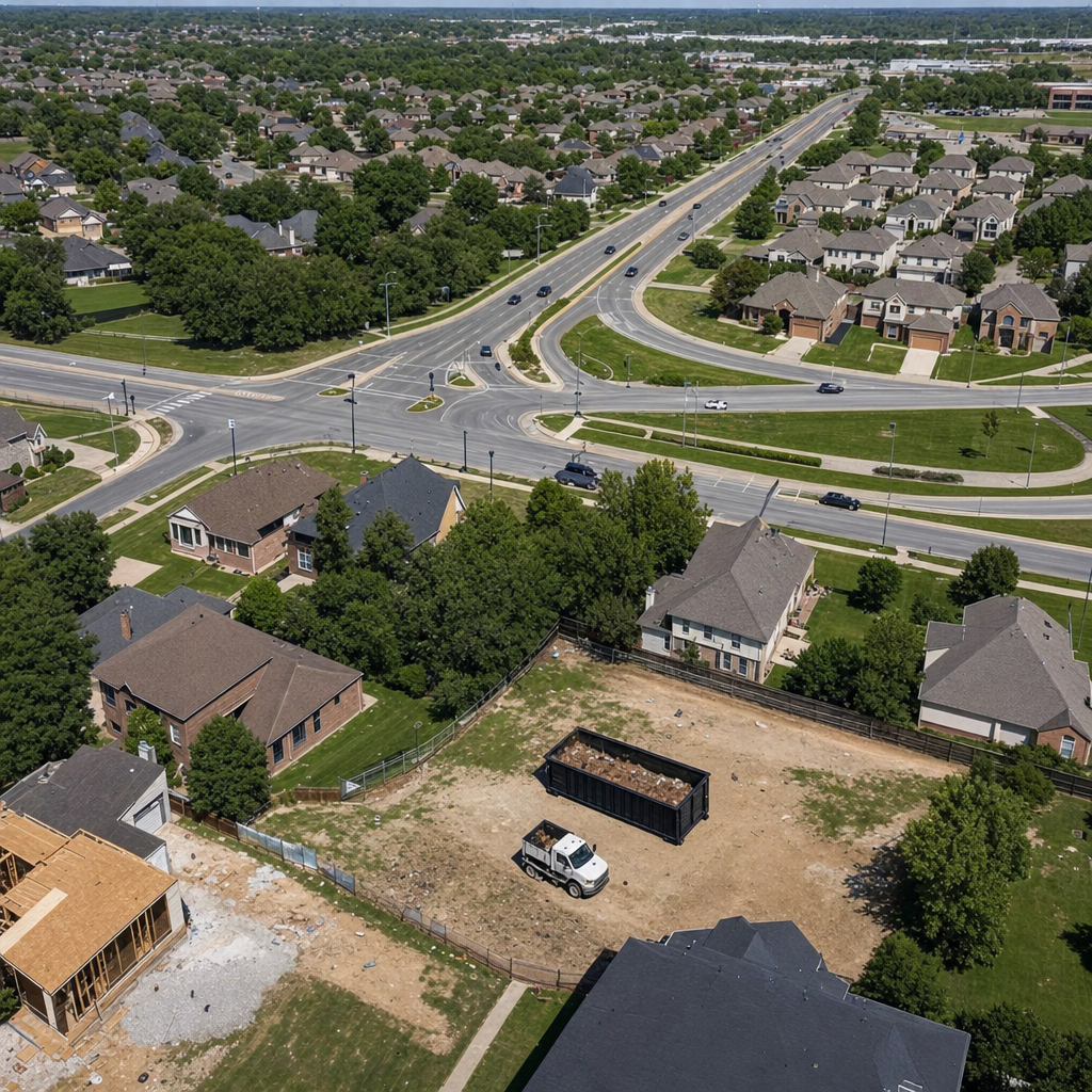 An overhead documentary view of the Mesa metro area at midday, showing the spread of neighborhoods, arterial roads, and the dispatch radius from a central yard — clean daylight, organized geographic layout.