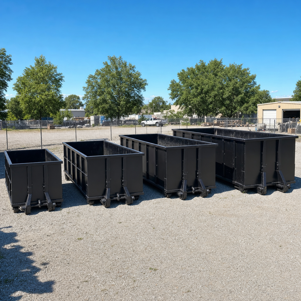 A clean lineup of matte-black roll-off dumpsters in 10, 20, 30, and 40-yard sizes staged on a sunlit gravel yard in Mesa, showing the size progression from compact to commercial-scale containers.