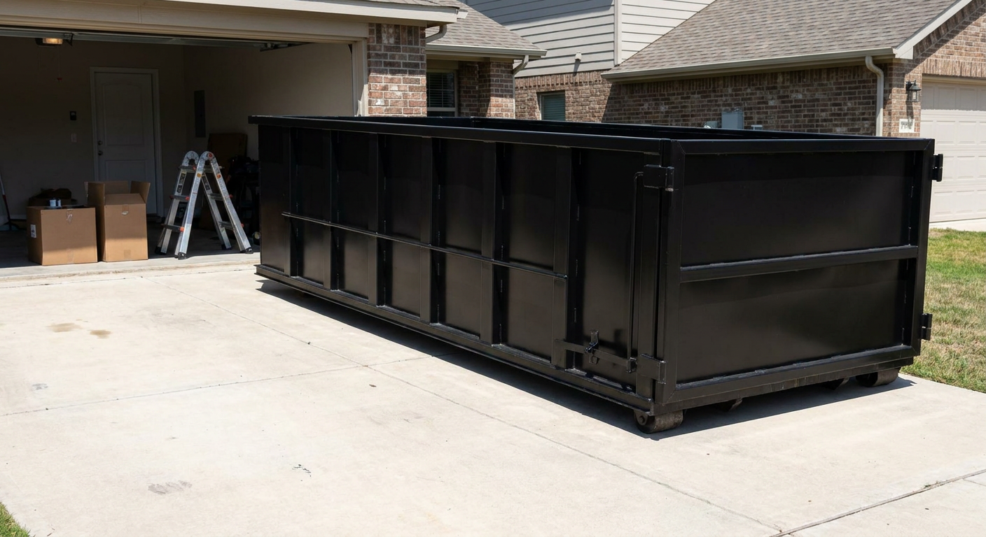 A matte-black 10-yard roll-off dumpster sitting directly on a residential Mesa concrete driveway, mid-day sunlight, clean and ready for a garage cleanout.