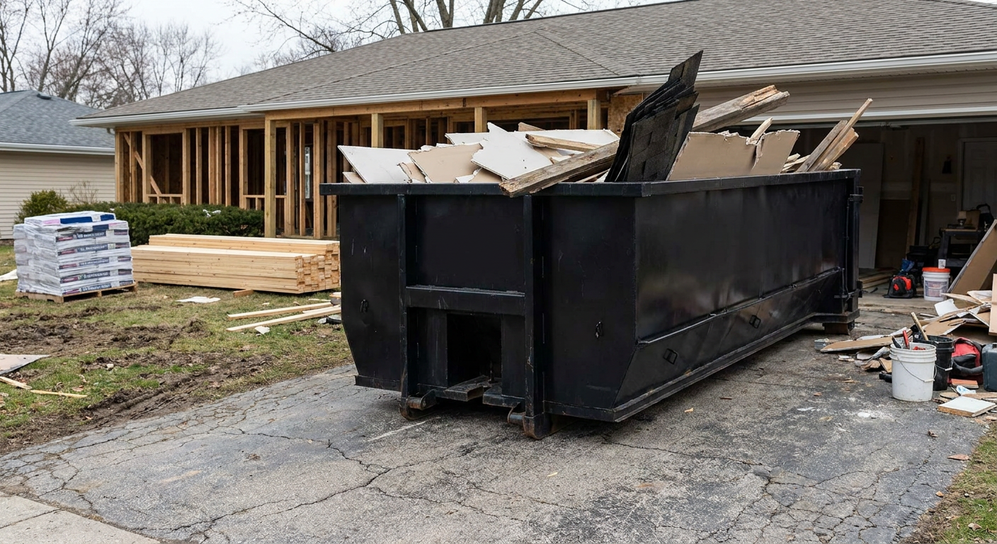 A matte-black 20-yard roll-off dumpster placed alongside a mid-renovation Mesa home directly on the asphalt driveway, with framing materials and torn-off shingles staged neatly nearby.