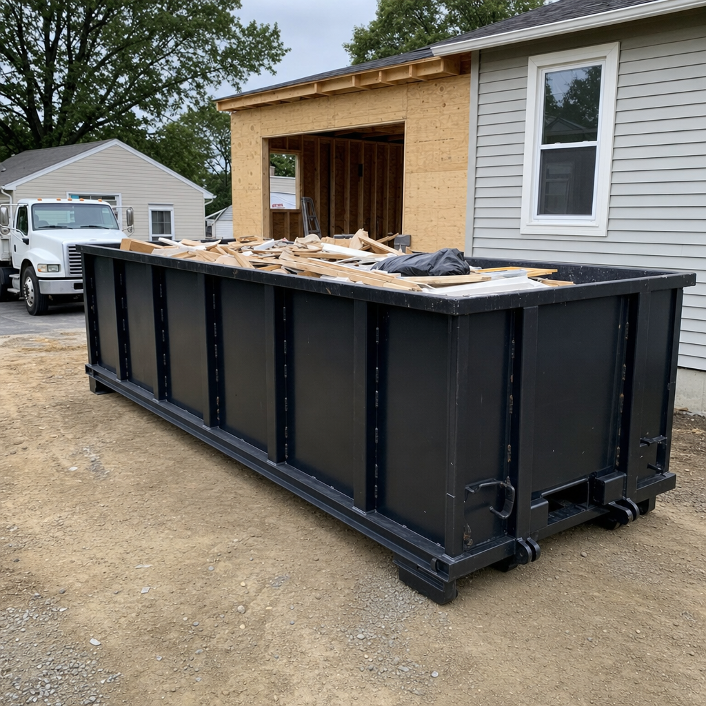 A matte-black 30-yard roll-off dumpster positioned at a Mesa residential addition jobsite, with framing lumber and drywall scraps loaded through the open swinging rear doors.