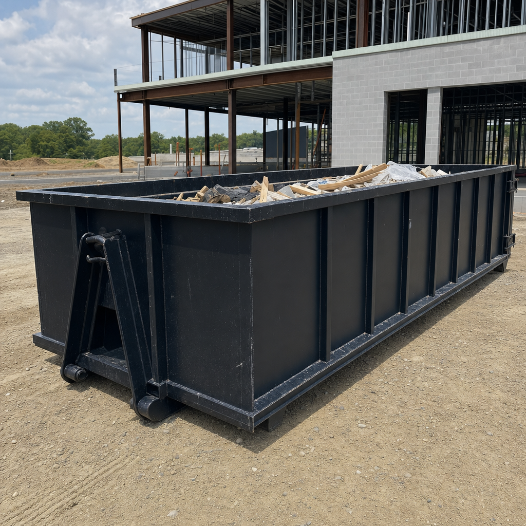 A matte-black 40-yard roll-off dumpster staged on a large Mesa commercial construction lot, with a hooklift delivery truck parked alongside under bright midday sky.