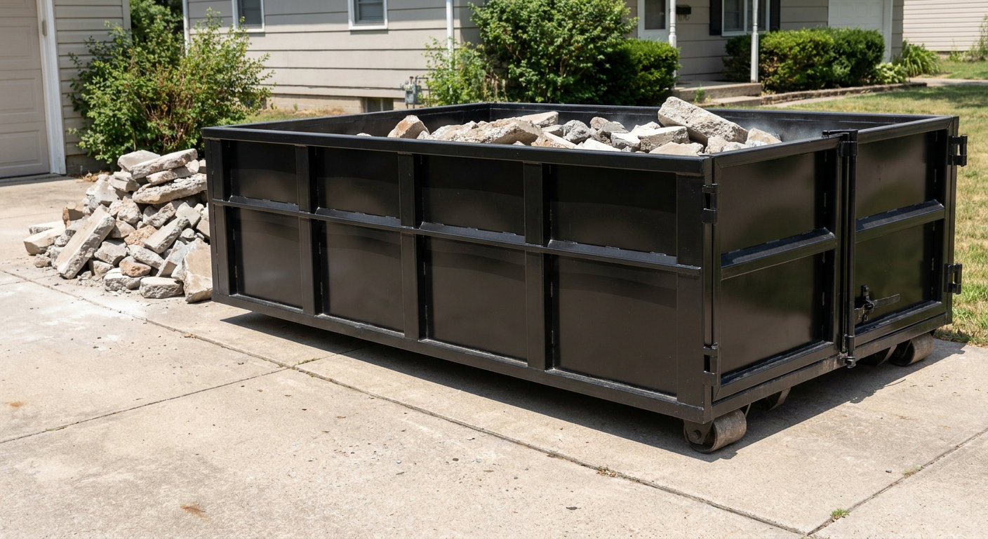 A matte-black low-side heavy-debris roll-off dumpster placed directly on a Mesa concrete driveway, with broken concrete chunks neatly stacked beside it under clean daylight.